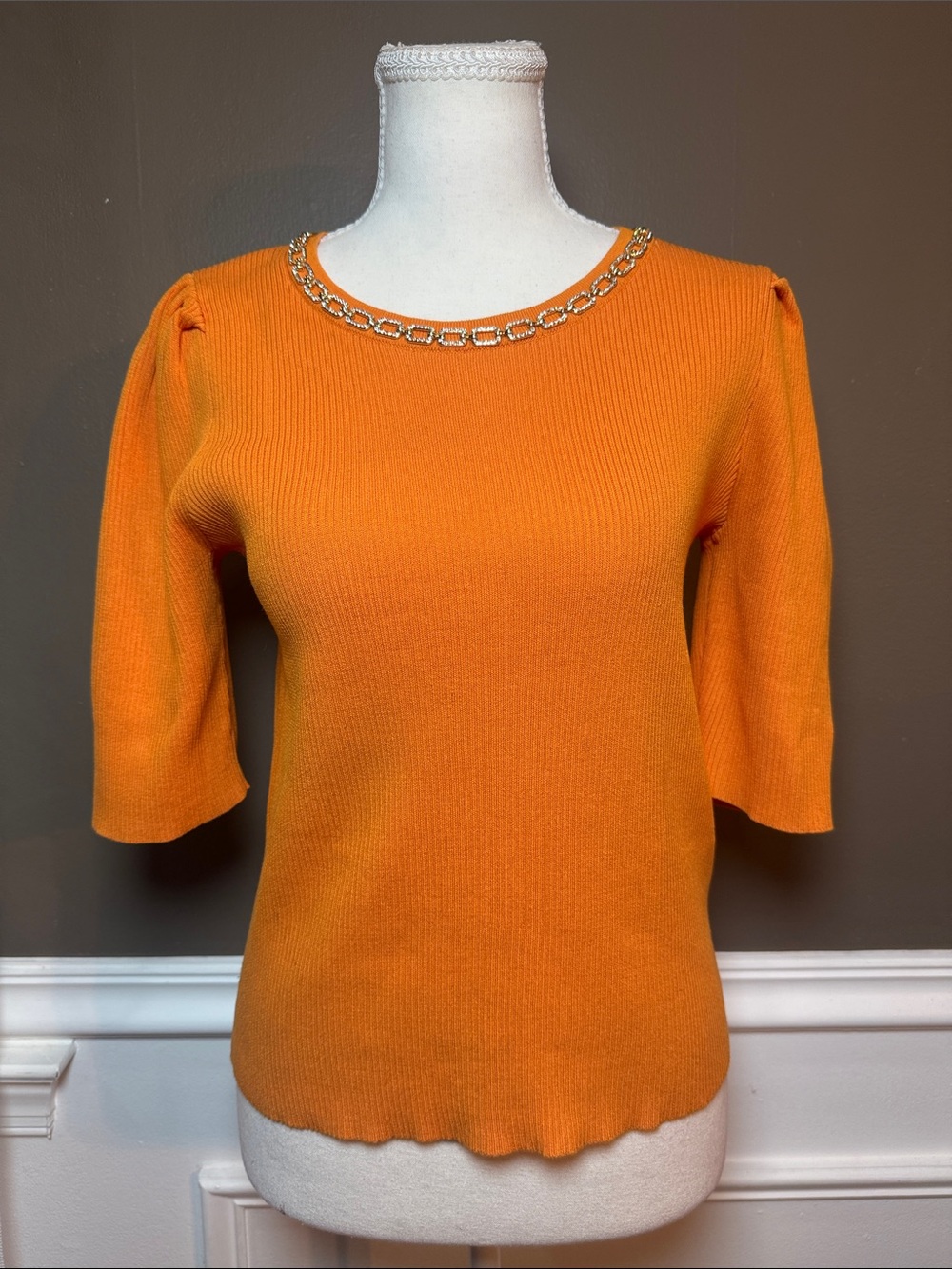 Nanette Lepore Embellished Ribbed Short Sleeve Sweater Top Orange M